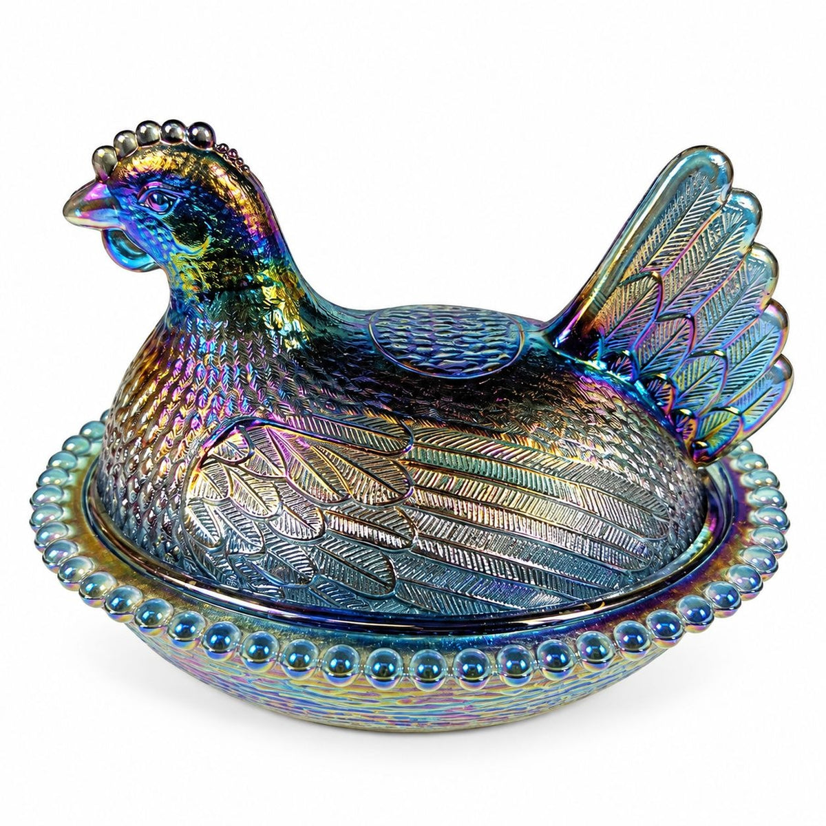 Hen on Nest Indiana Glass Company Evergreen Teal Green #2891 Iridescent Vintage Carnival Glass Candy Nut Dish Original Box Collectible