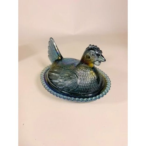 Hen on Nest Indiana Glass Company Evergreen Teal Green #2891 Iridescent Vintage Carnival Glass Candy Nut Dish Original Box Collectible