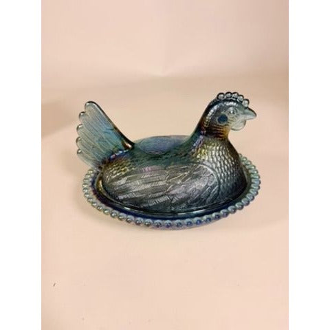Hen on Nest Indiana Glass Company Evergreen Teal Green #2891 Iridescent Vintage Carnival Glass Candy Nut Dish Original Box Collectible