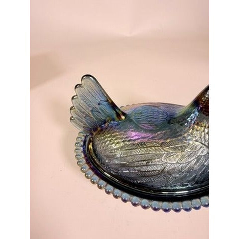 Hen on Nest Indiana Glass Company Evergreen Teal Green #2891 Iridescent Vintage Carnival Glass Candy Nut Dish Original Box Collectible