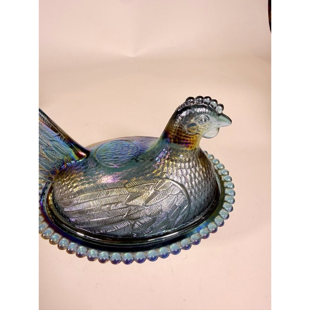 Hen on Nest Indiana Glass Company Evergreen Teal Green #2891 Iridescent Vintage Carnival Glass Candy Nut Dish Original Box Collectible
