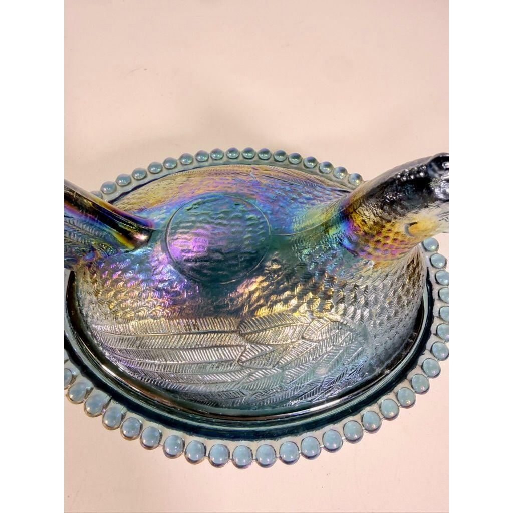 Hen on Nest Indiana Glass Company Evergreen Teal Green #2891 Iridescent Vintage Carnival Glass Candy Nut Dish Original Box Collectible