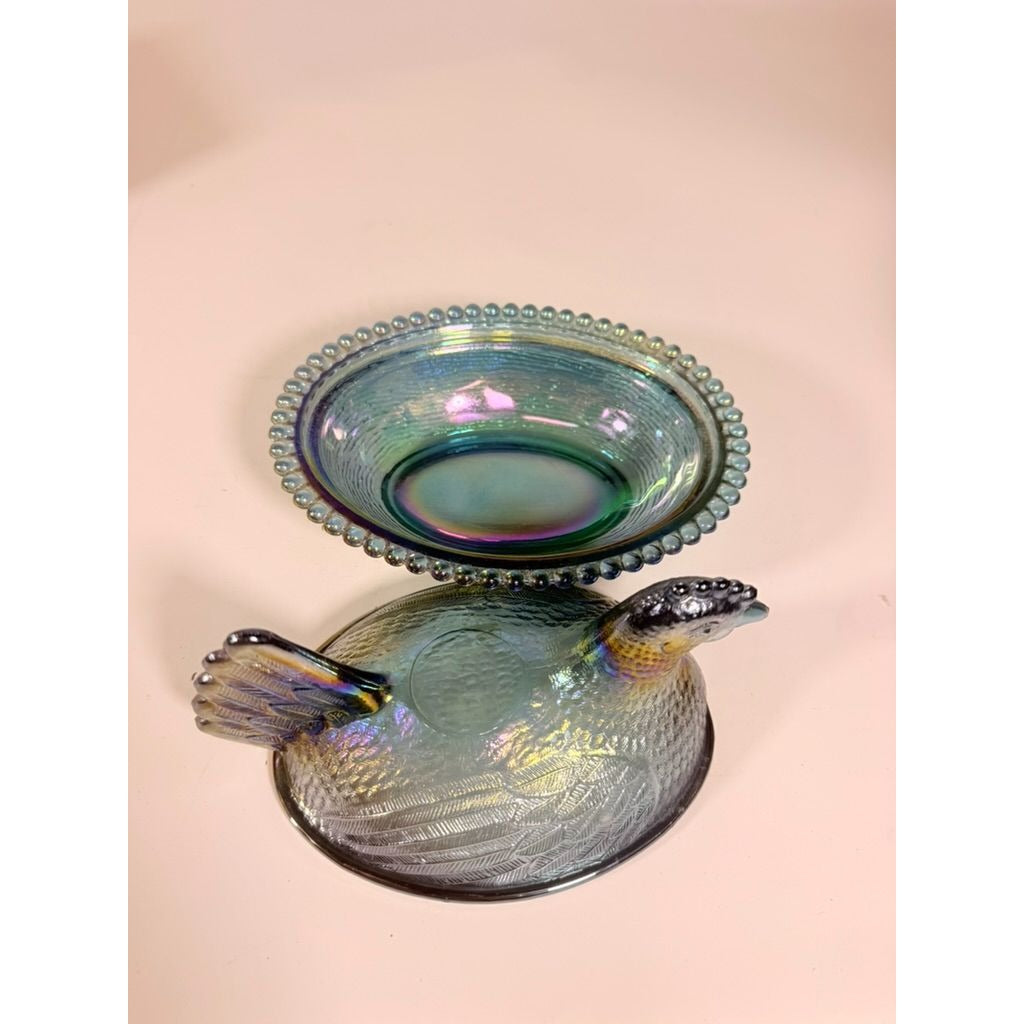 Hen on Nest Indiana Glass Company Evergreen Teal Green #2891 Iridescent Vintage Carnival Glass Candy Nut Dish Original Box Collectible