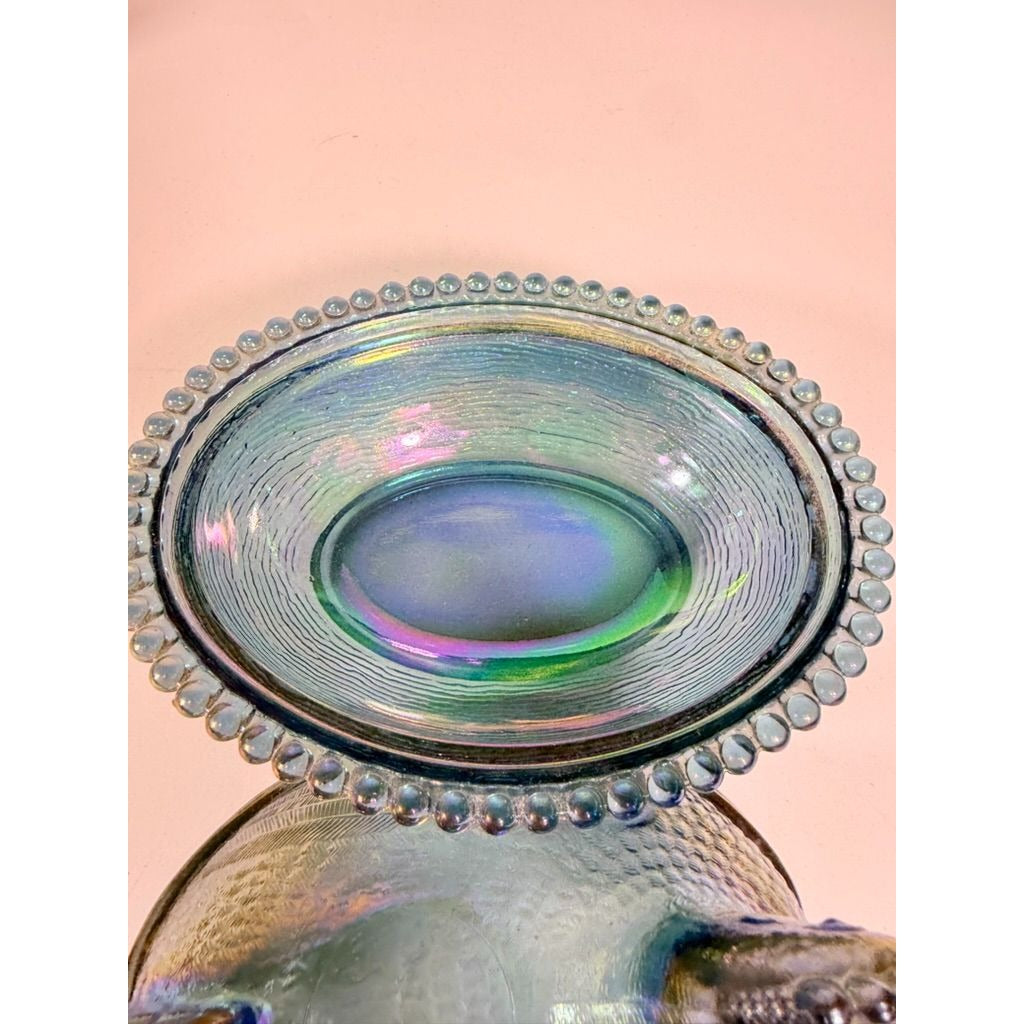 Hen on Nest Indiana Glass Company Evergreen Teal Green #2891 Iridescent Vintage Carnival Glass Candy Nut Dish Original Box Collectible
