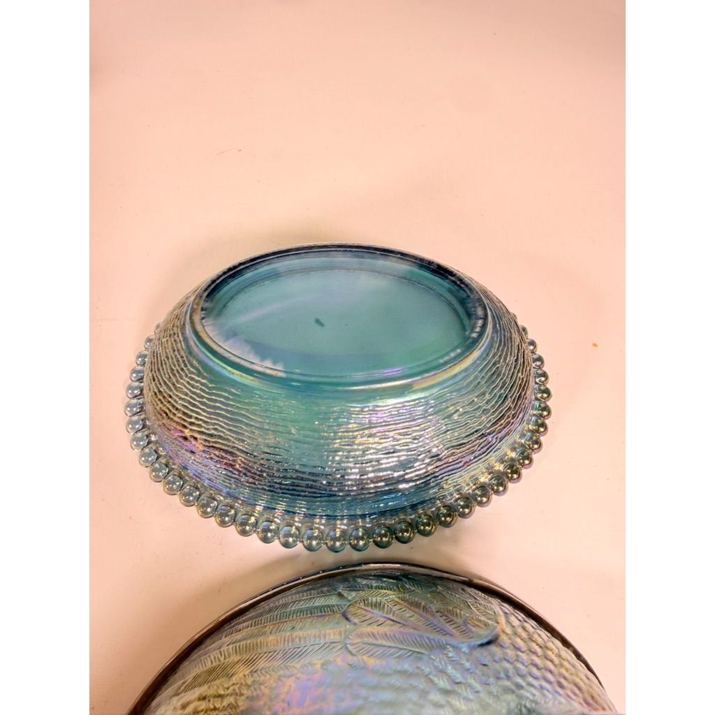 Hen on Nest Indiana Glass Company Evergreen Teal Green #2891 Iridescent Vintage Carnival Glass Candy Nut Dish Original Box Collectible