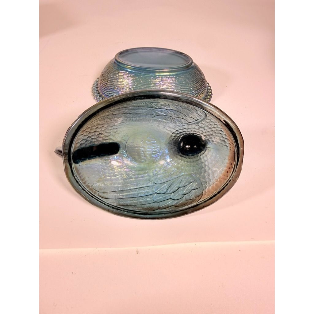Hen on Nest Indiana Glass Company Evergreen Teal Green #2891 Iridescent Vintage Carnival Glass Candy Nut Dish Original Box Collectible