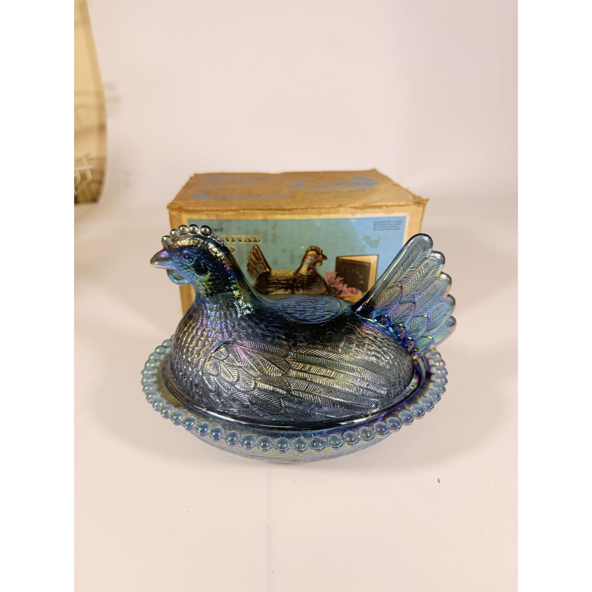Hen on Nest Indiana Glass Company Evergreen Teal Green #2891 Iridescent Vintage Carnival Glass Candy Nut Dish Original Box Collectible