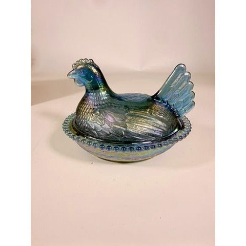 Hen on Nest Indiana Glass Company Evergreen Teal Green #2891 Iridescent Vintage Carnival Glass Candy Nut Dish Original Box Collectible