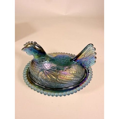 Hen on Nest Indiana Glass Company Evergreen Teal Green #2891 Iridescent Vintage Carnival Glass Candy Nut Dish Original Box Collectible