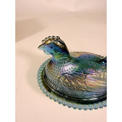 Hen on Nest Indiana Glass Company Evergreen Teal Green #2891 Iridescent Vintage Carnival Glass Candy Nut Dish Original Box Collectible
