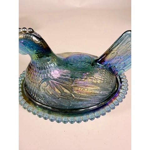 Hen on Nest Indiana Glass Company Evergreen Teal Green #2891 Iridescent Vintage Carnival Glass Candy Nut Dish Original Box Collectible