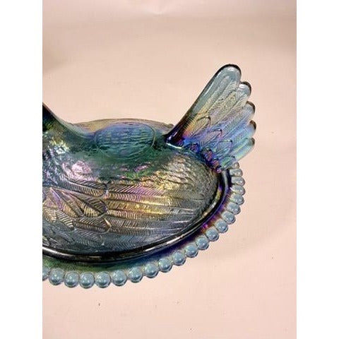 Hen on Nest Indiana Glass Company Evergreen Teal Green #2891 Iridescent Vintage Carnival Glass Candy Nut Dish Original Box Collectible