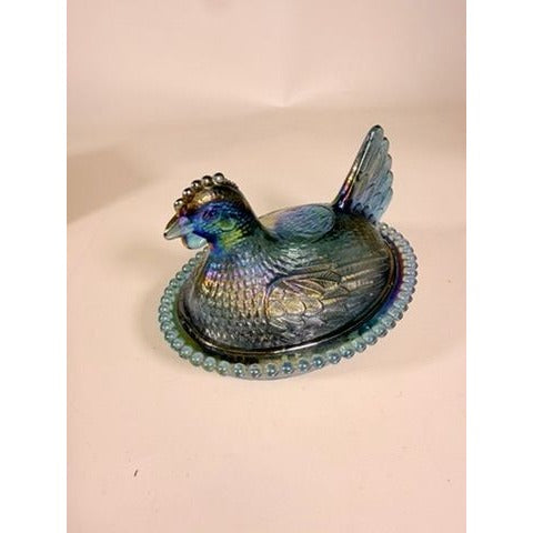 Hen on Nest Indiana Glass Company Evergreen Teal Green #2891 Iridescent Vintage Carnival Glass Candy Nut Dish Original Box Collectible