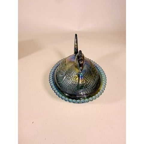 Hen on Nest Indiana Glass Company Evergreen Teal Green #2891 Iridescent Vintage Carnival Glass Candy Nut Dish Original Box Collectible