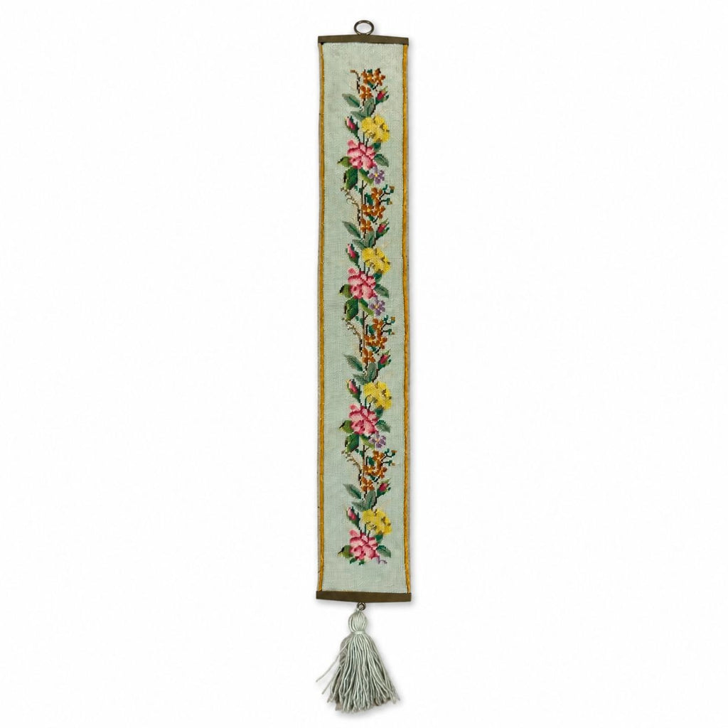 Vintage Floral Needlepoint Bell Pull Velvet Backing Hardware Hanging Tassel