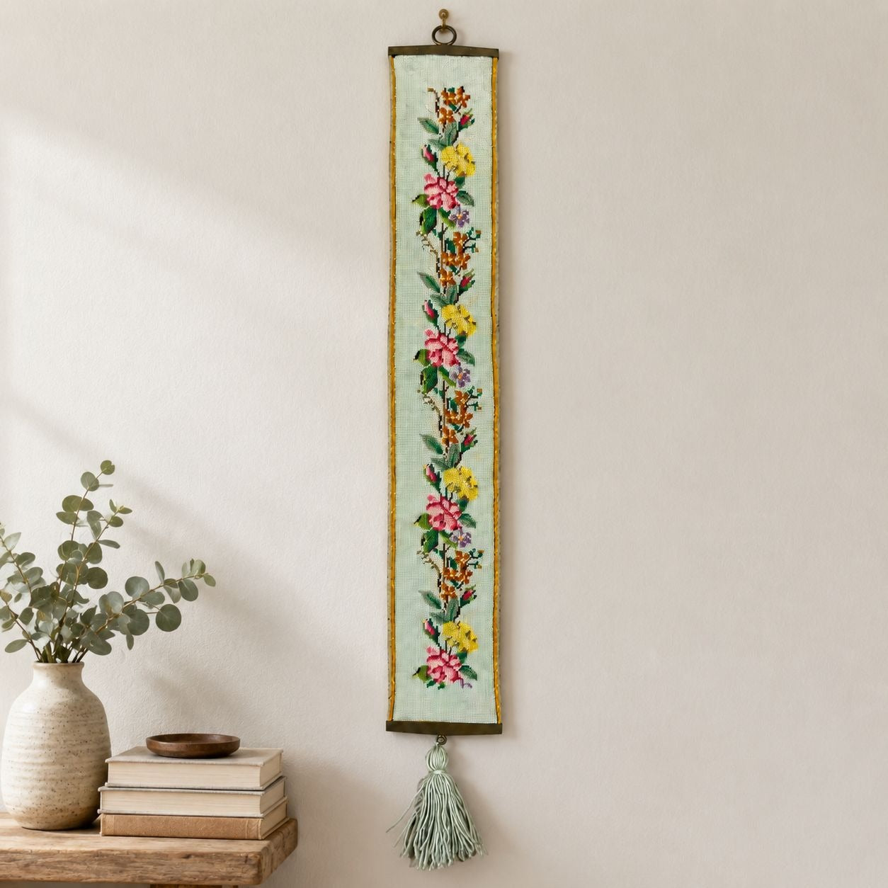 Vintage Floral Needlepoint Bell Pull Velvet Backing Hardware Hanging Tassel