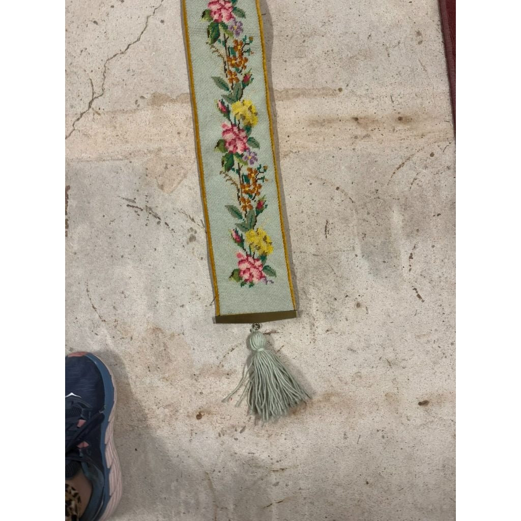 Vintage Floral Needlepoint Bell Pull Velvet Backing Hardware Hanging Tassel