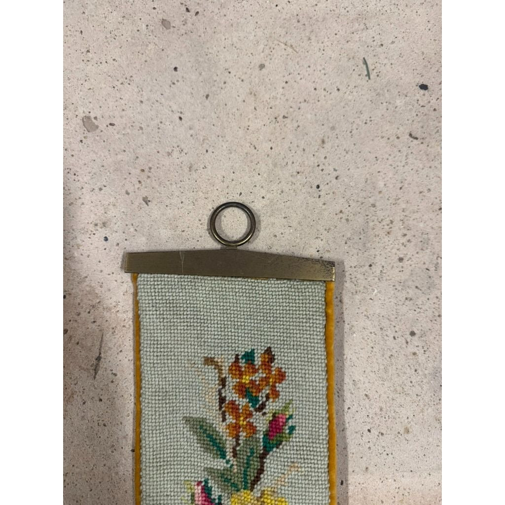 Vintage Floral Needlepoint Bell Pull Velvet Backing Hardware Hanging Tassel
