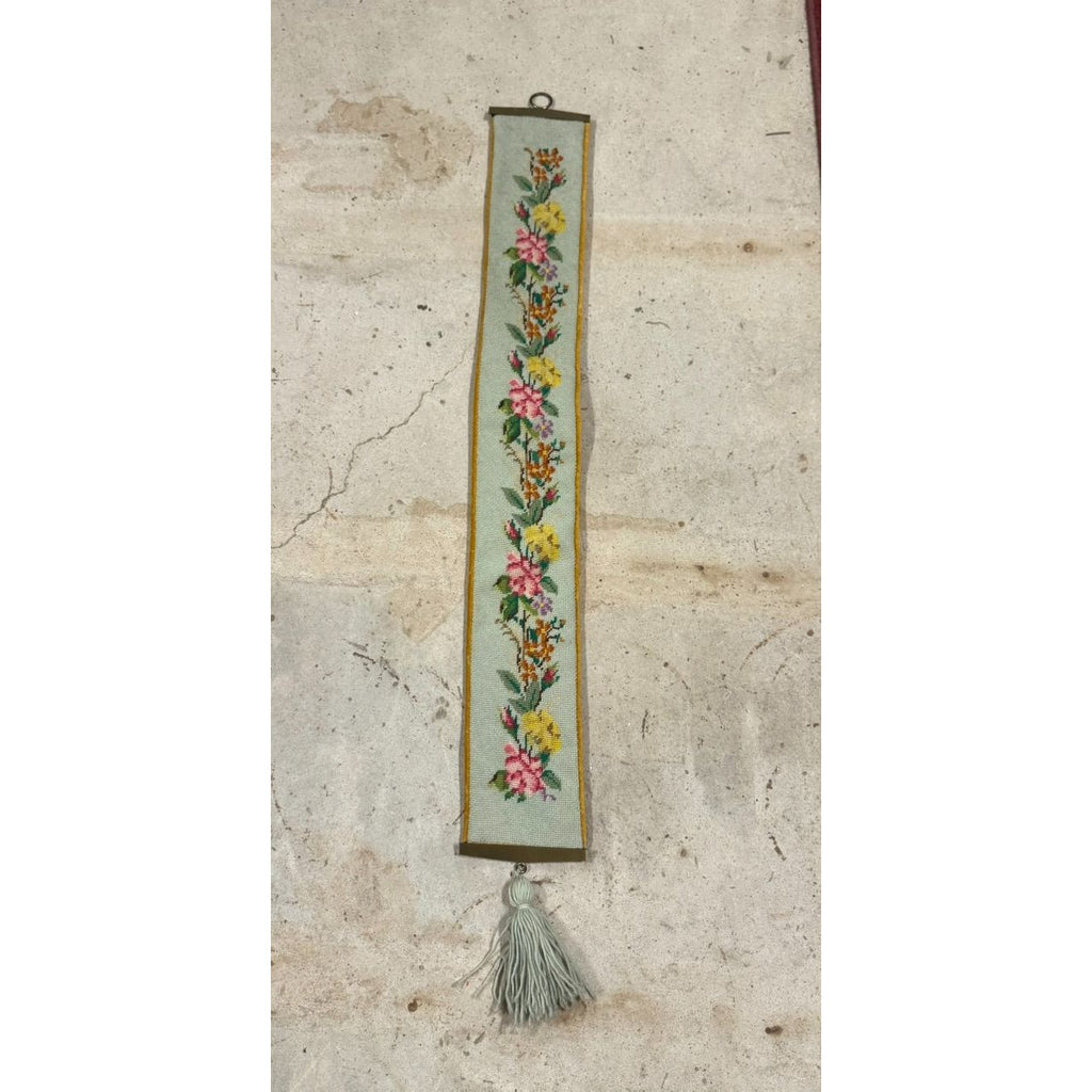 Vintage Floral Needlepoint Bell Pull Velvet Backing Hardware Hanging Tassel