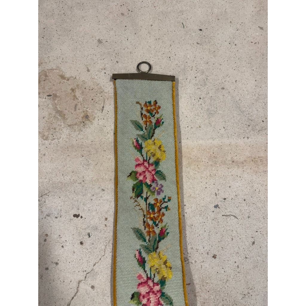 Vintage Floral Needlepoint Bell Pull Velvet Backing Hardware Hanging Tassel