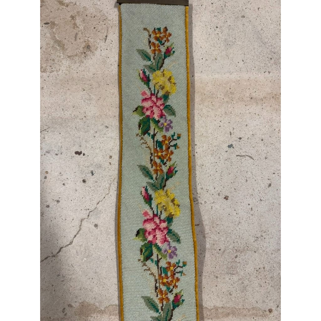 Vintage Floral Needlepoint Bell Pull Velvet Backing Hardware Hanging Tassel