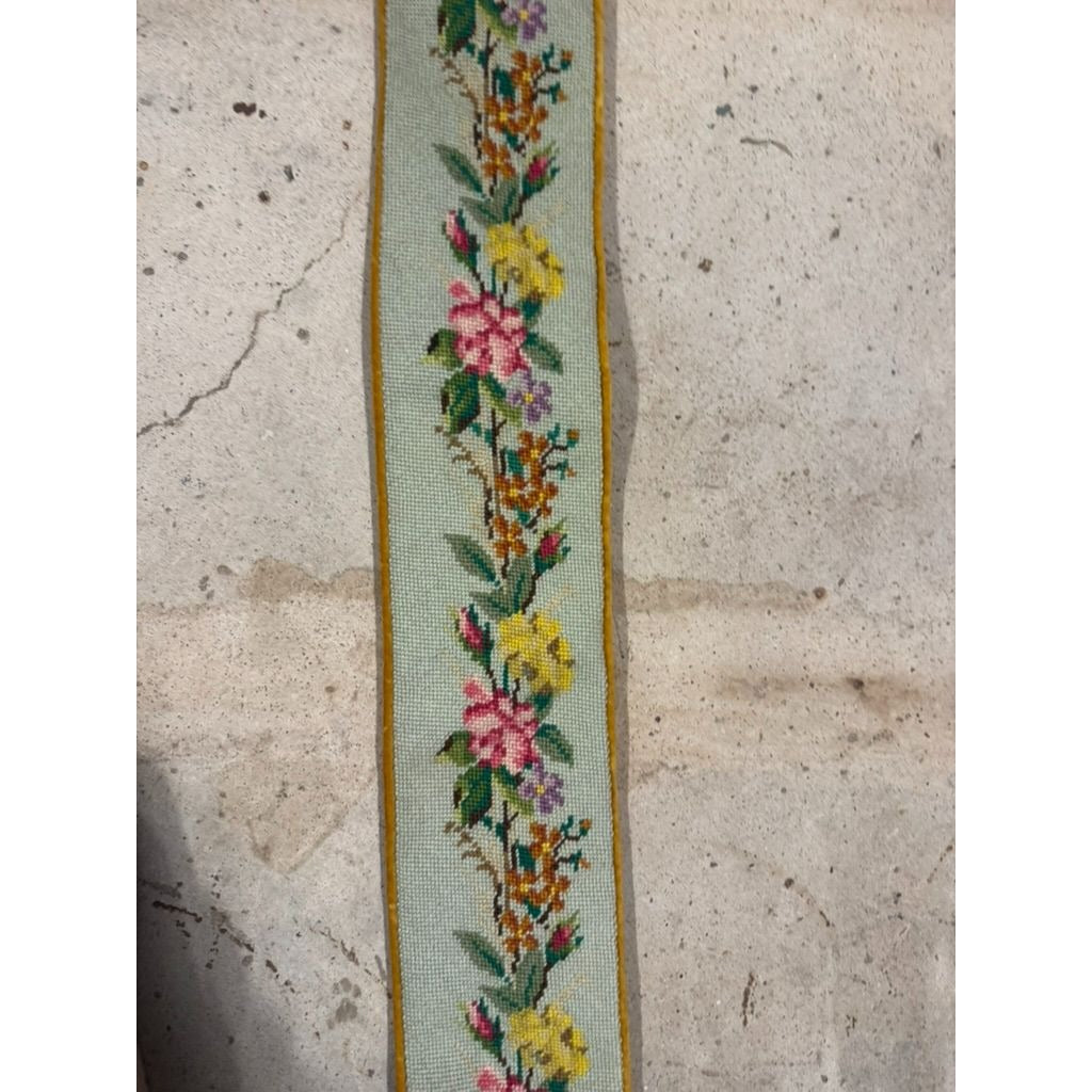 Vintage Floral Needlepoint Bell Pull Velvet Backing Hardware Hanging Tassel
