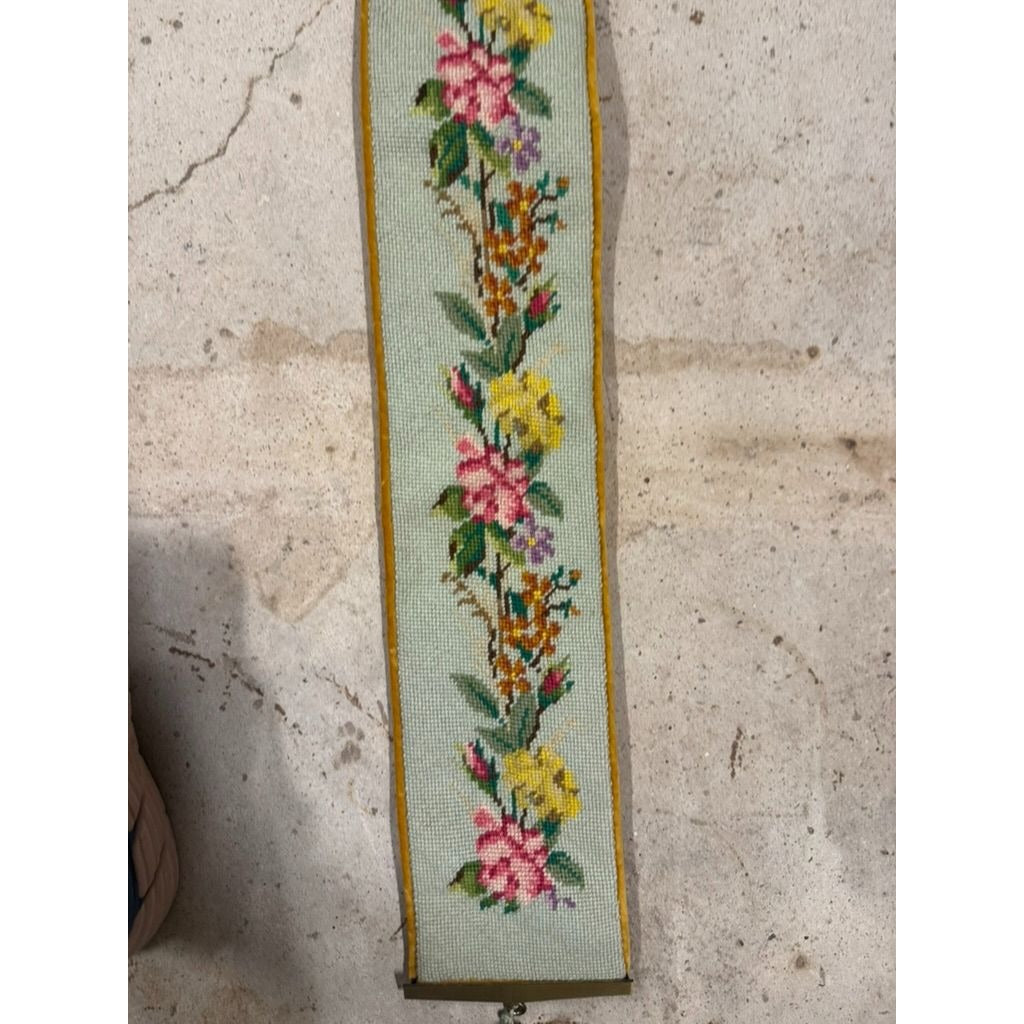 Vintage Floral Needlepoint Bell Pull Velvet Backing Hardware Hanging Tassel