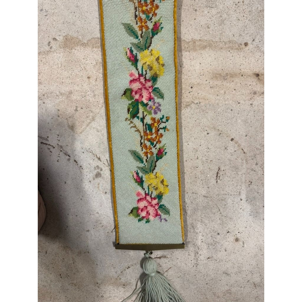 Vintage Floral Needlepoint Bell Pull Velvet Backing Hardware Hanging Tassel