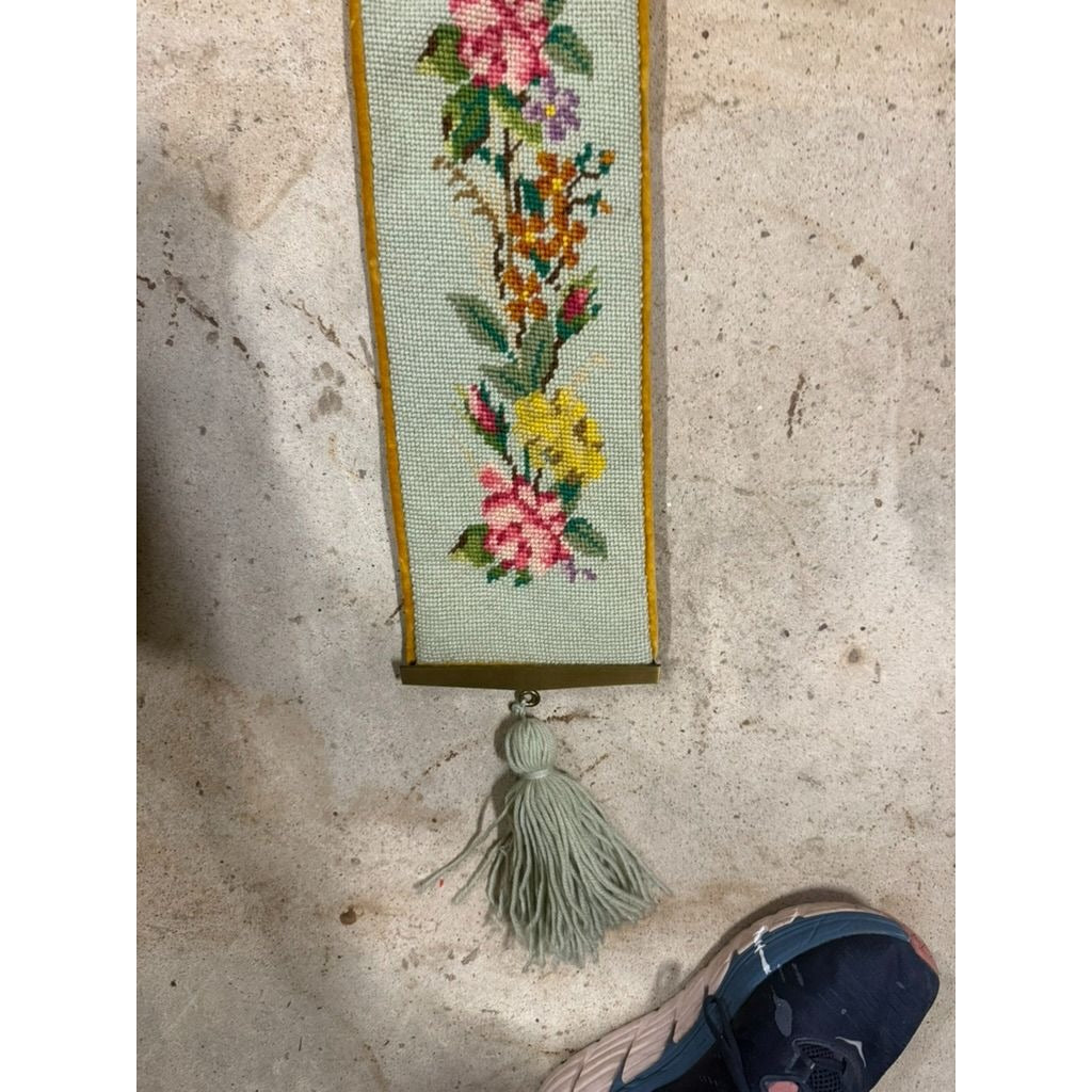 Vintage Floral Needlepoint Bell Pull Velvet Backing Hardware Hanging Tassel