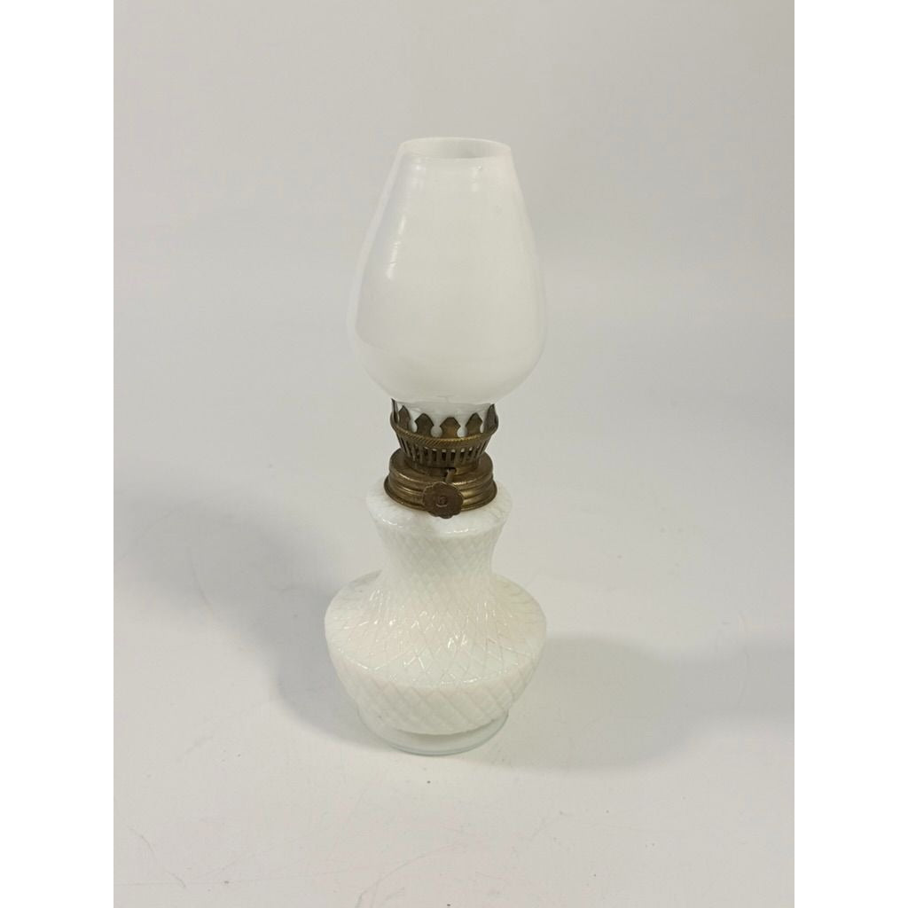 Mini Finger Oil Lamp Milk Glass Shade Chimney Vintage Home Decor Granny Farmhouse Cottage Core White Brass Ring of Fire