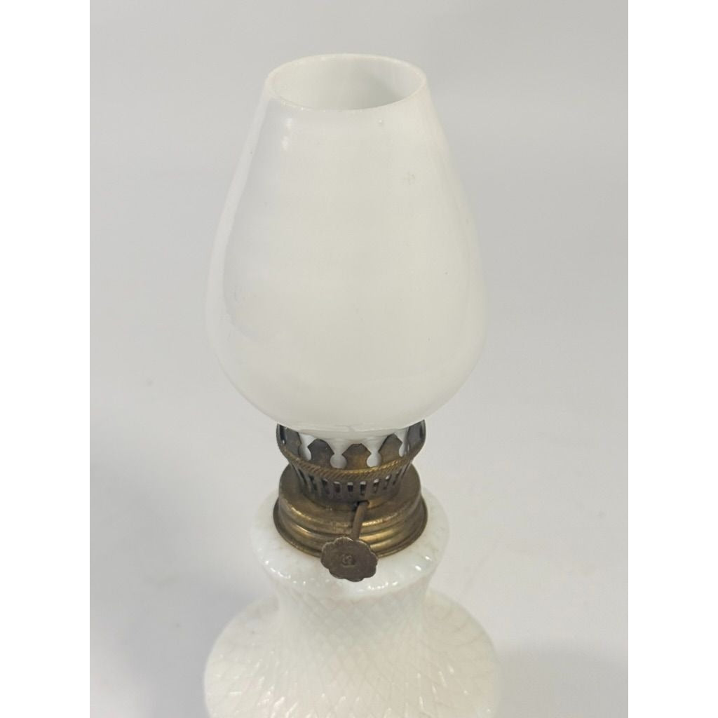 Mini Finger Oil Lamp Milk Glass Shade Chimney Vintage Home Decor Granny Farmhouse Cottage Core White Brass Ring of Fire