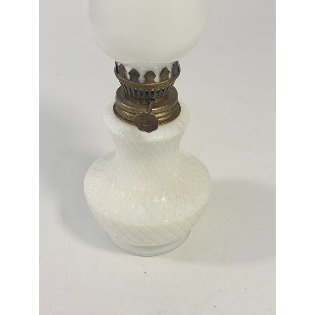 Mini Finger Oil Lamp Milk Glass Shade Chimney Vintage Home Decor Granny Farmhouse Cottage Core White Brass Ring of Fire
