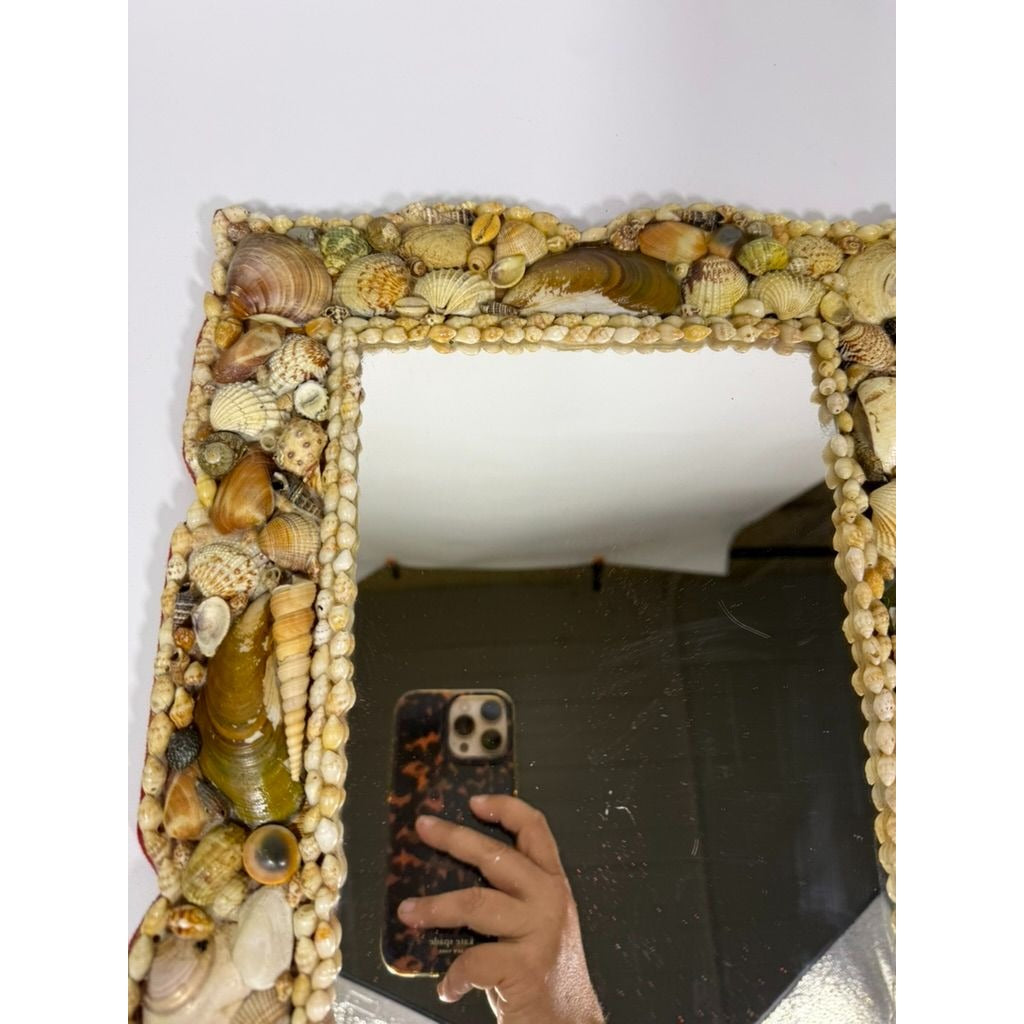 Wall Mirror Shell Encrusted Handmade Velvet Back Coastal Nancy Myers Home Decor Decorative Accents Galley Seashells