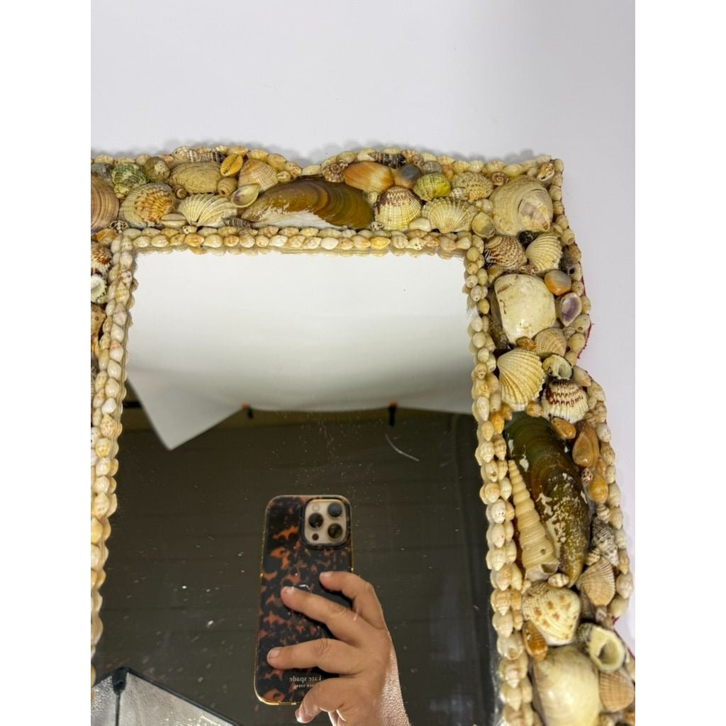 Wall Mirror Shell Encrusted Handmade Velvet Back Coastal Nancy Myers Home Decor Decorative Accents Galley Seashells