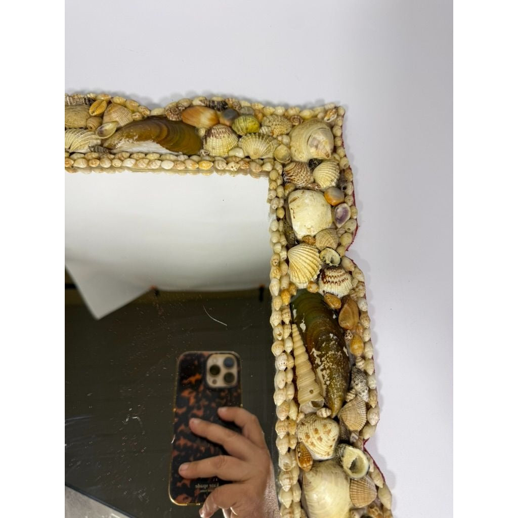 Wall Mirror Shell Encrusted Handmade Velvet Back Coastal Nancy Myers Home Decor Decorative Accents Galley Seashells