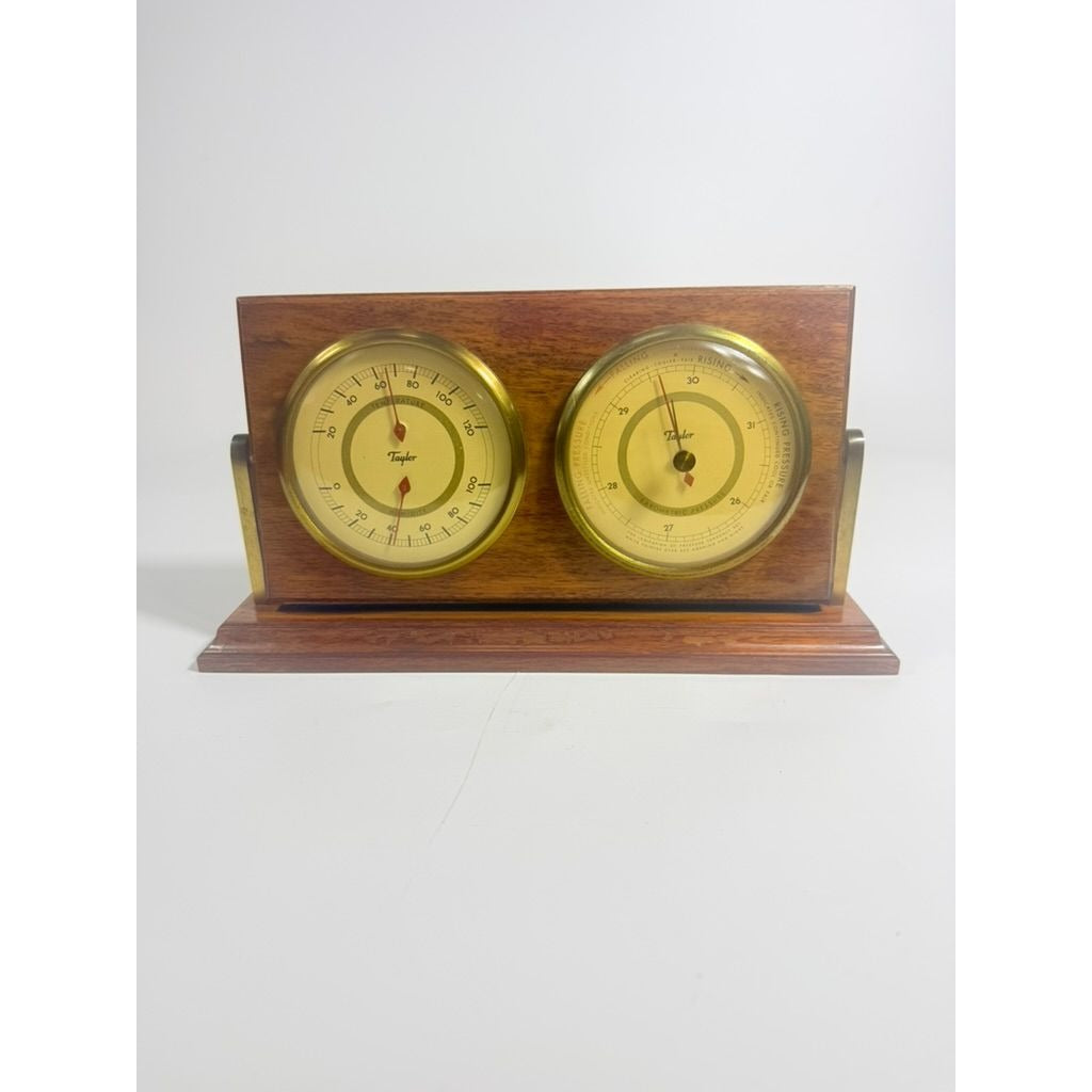 Wood Brass DeskTop Weather Station Taylor Temperature Humidity Barometric Pressure Vintage Desk Office Accessory Sailor Man Cave Practical