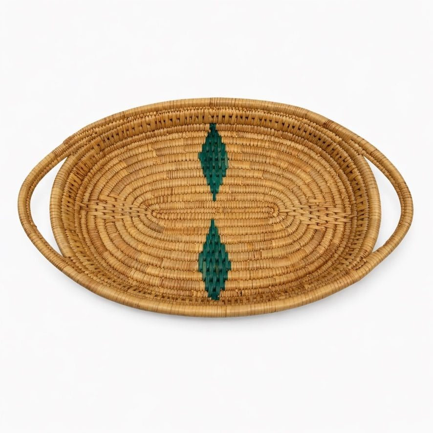 Serving Basket Tray Handled  Woven Wicker African Handmade Vintage Turquoise Design Coiled Raffia Home Decor Decorative Accents