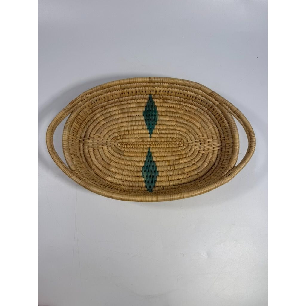 Serving Basket Tray Handled  Woven Wicker African Handmade Vintage Turquoise Design Coiled Raffia Home Decor Decorative Accents
