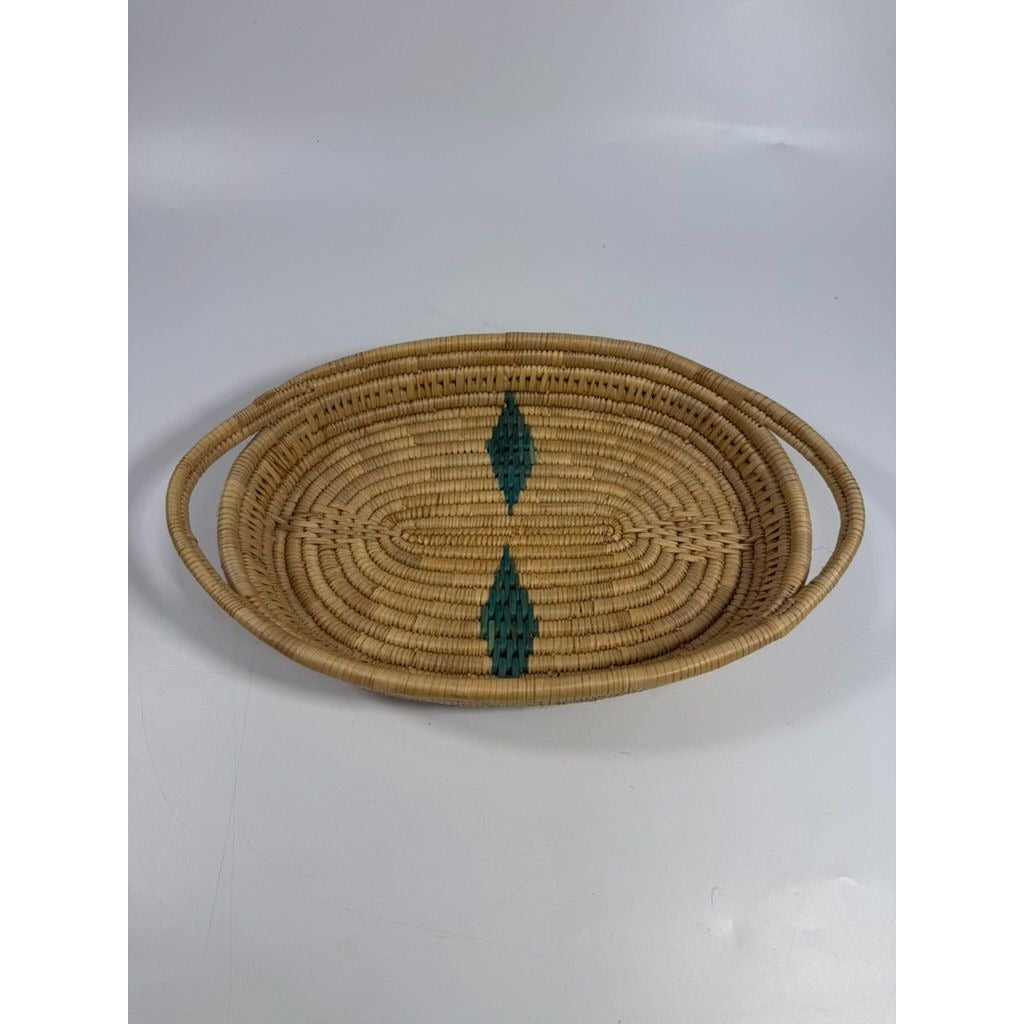 Serving Basket Tray Handled  Woven Wicker African Handmade Vintage Turquoise Design Coiled Raffia Home Decor Decorative Accents