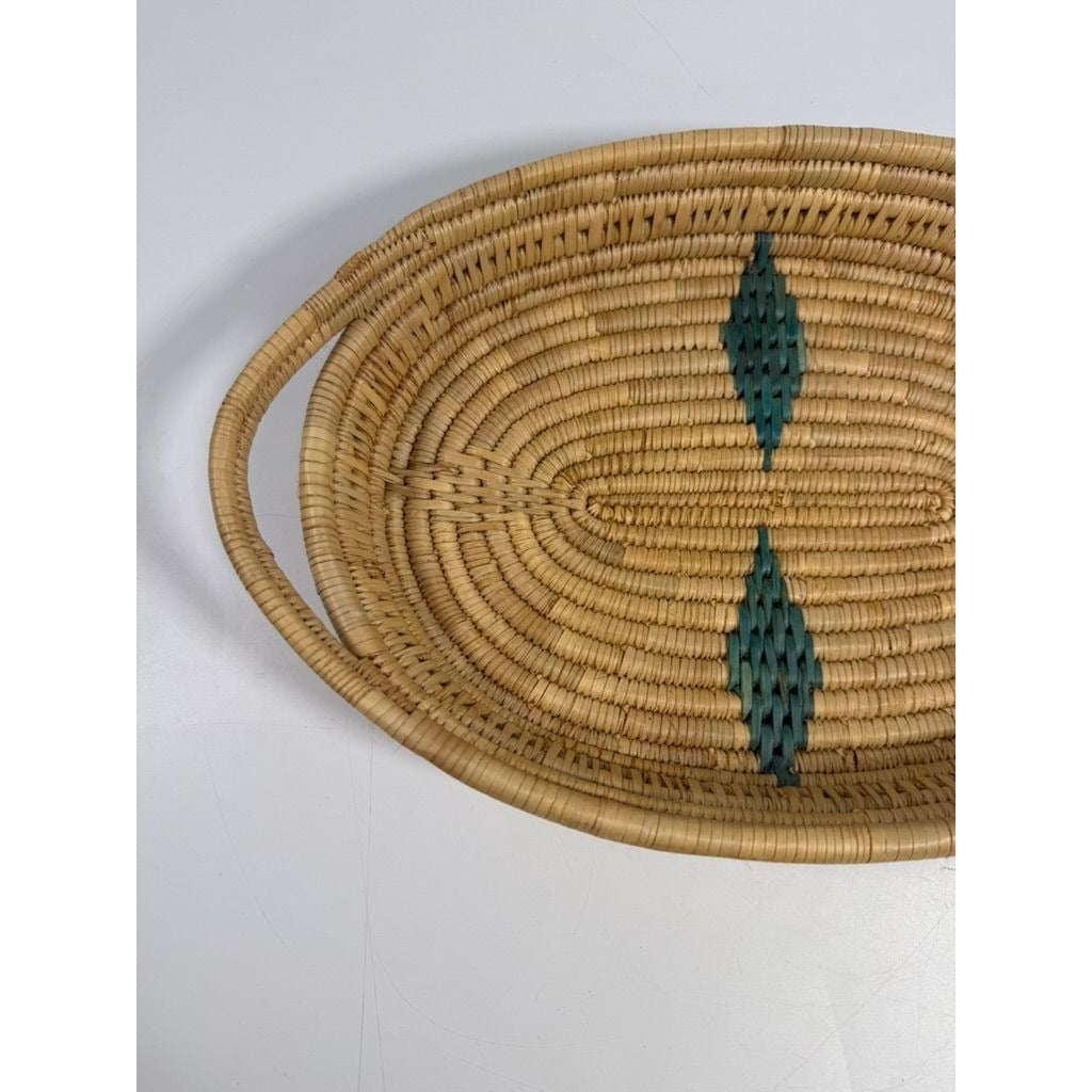 Serving Basket Tray Handled  Woven Wicker African Handmade Vintage Turquoise Design Coiled Raffia Home Decor Decorative Accents
