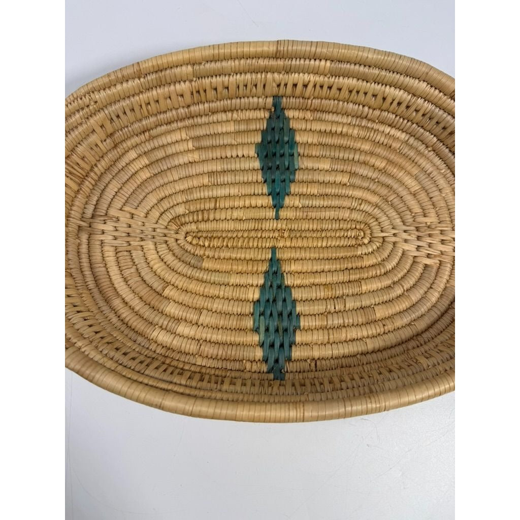 Serving Basket Tray Handled  Woven Wicker African Handmade Vintage Turquoise Design Coiled Raffia Home Decor Decorative Accents
