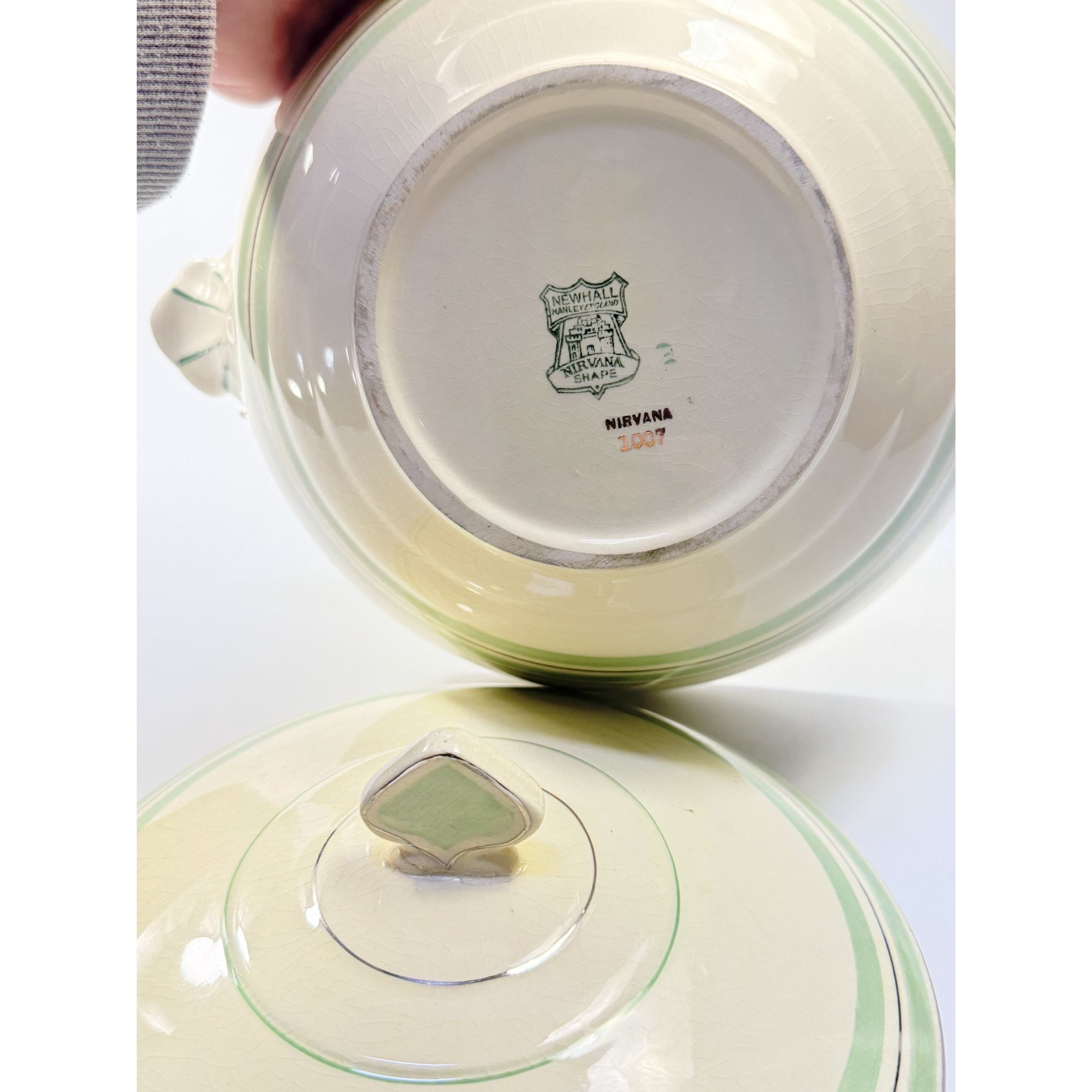 Lidded Casserole Tureen Porcelain China Newhall Manley England Ceramic Nirvana Green band Vintage Art Deco Neauvo Kitchen Replacement Dishes