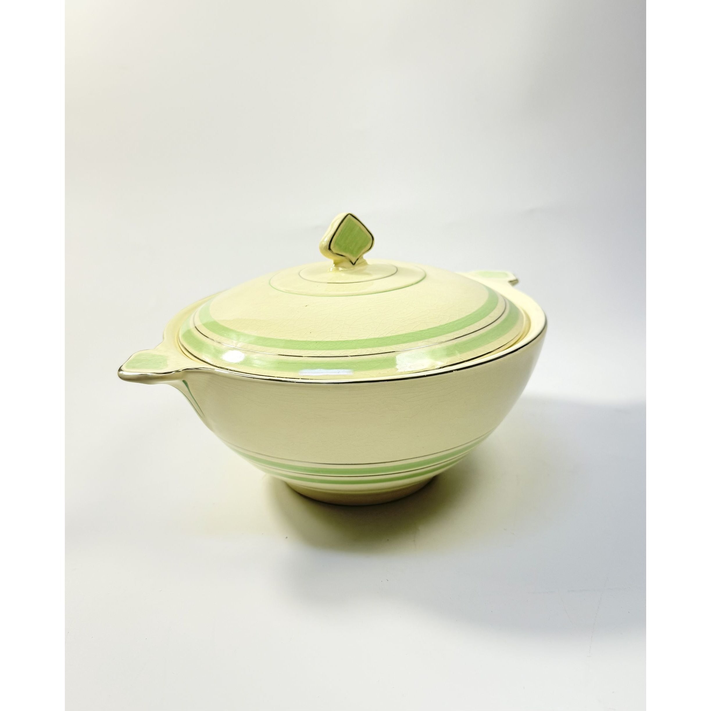 Lidded Casserole Tureen Porcelain China Newhall Manley England Ceramic Nirvana Green band Vintage Art Deco Neauvo Kitchen Replacement Dishes