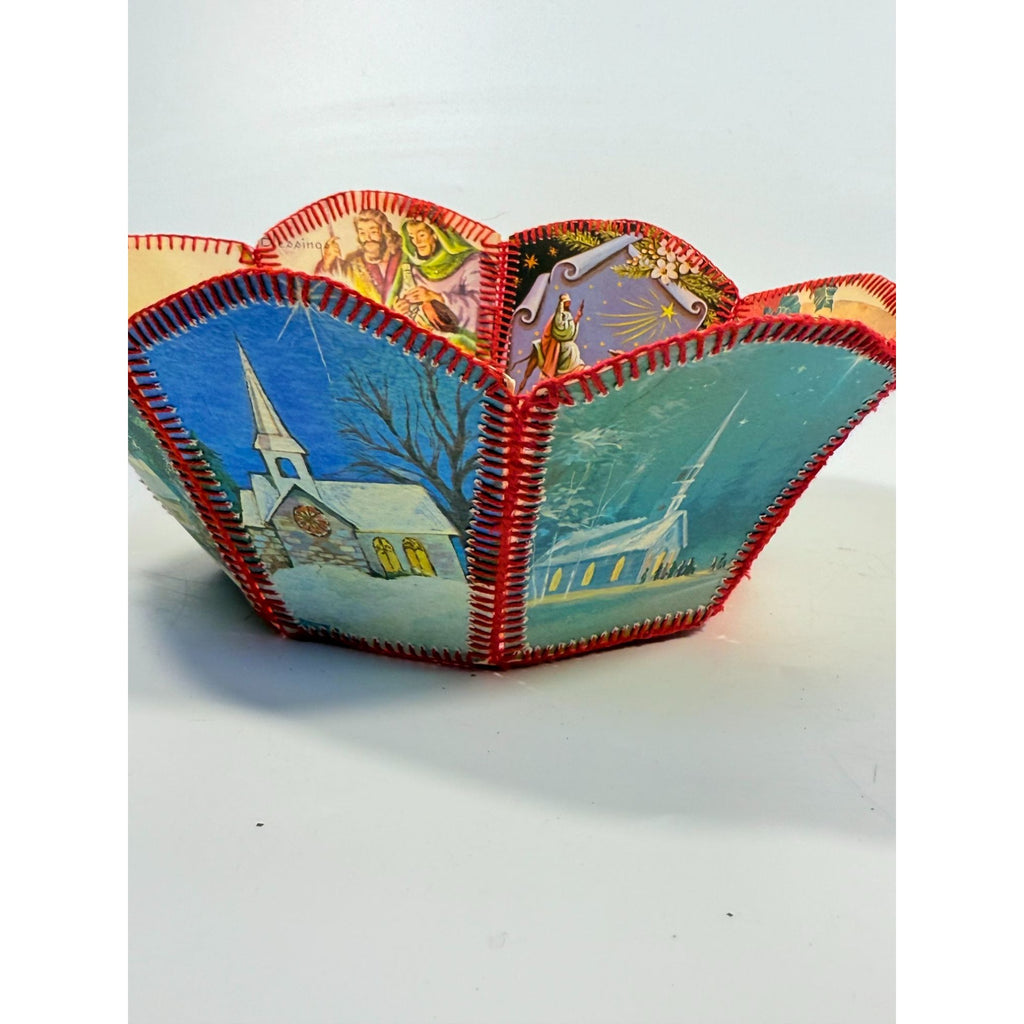 Christmas Card Basket Vintage Handmade Crochet Greeting Card Basket Bowl Christmas Holiday