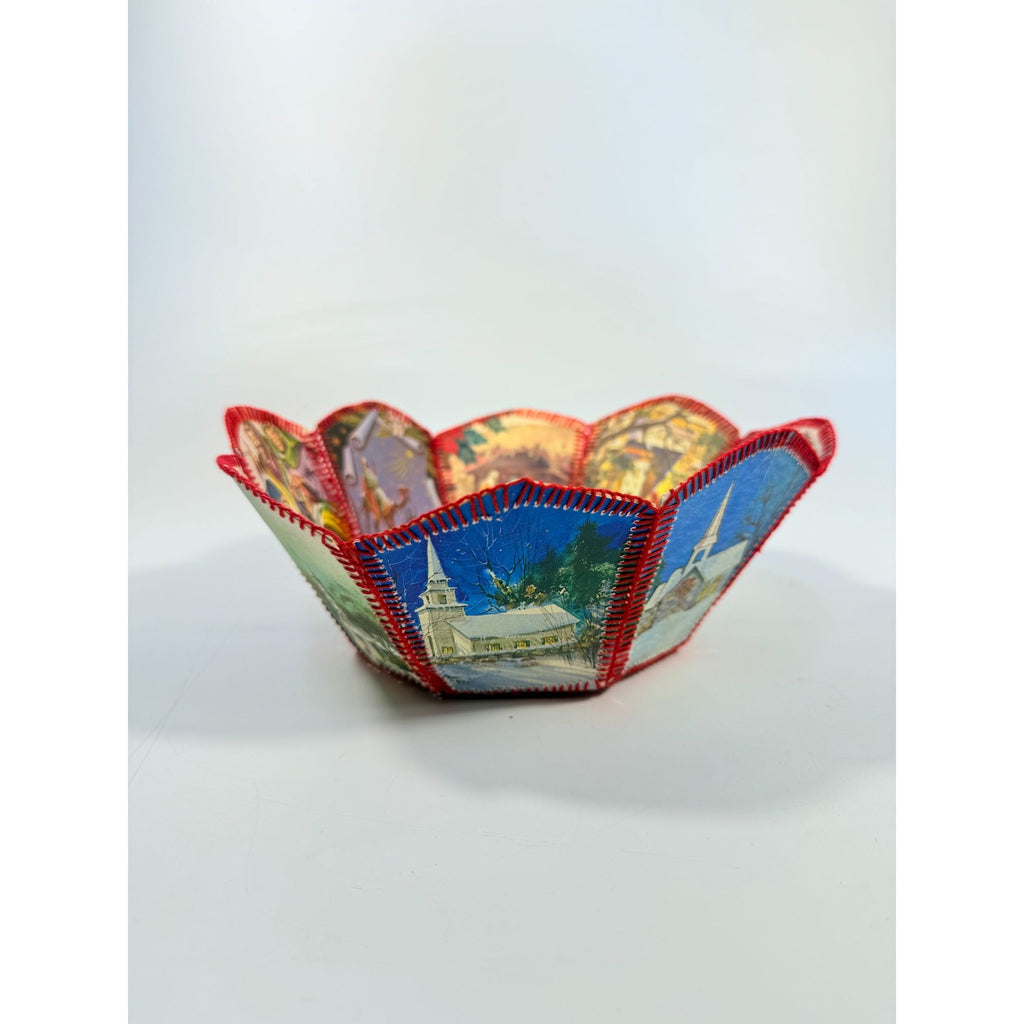 Christmas Card Basket Vintage Handmade Crochet Greeting Card Basket Bowl Christmas Holiday