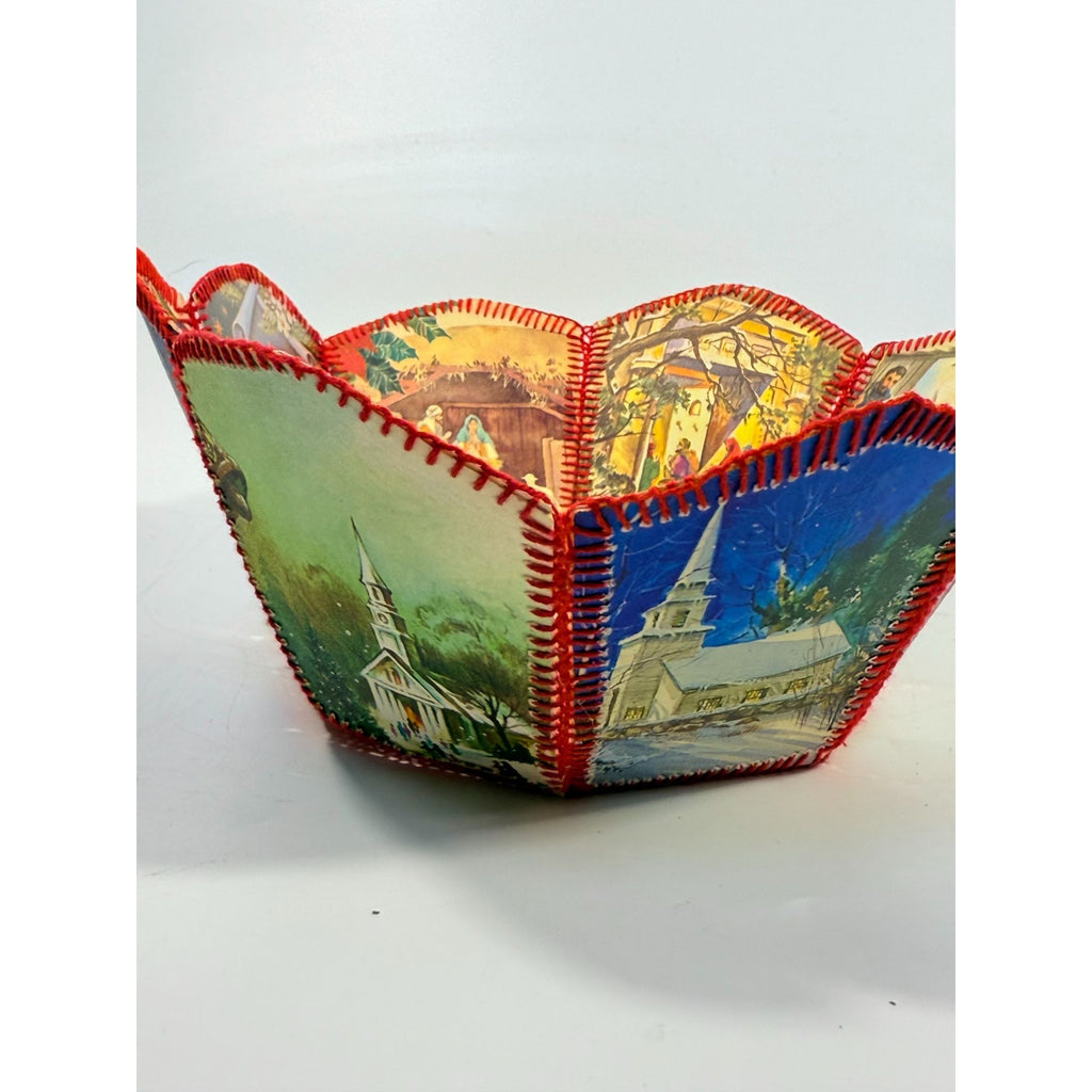 Christmas Card Basket Vintage Handmade Crochet Greeting Card Basket Bowl Christmas Holiday