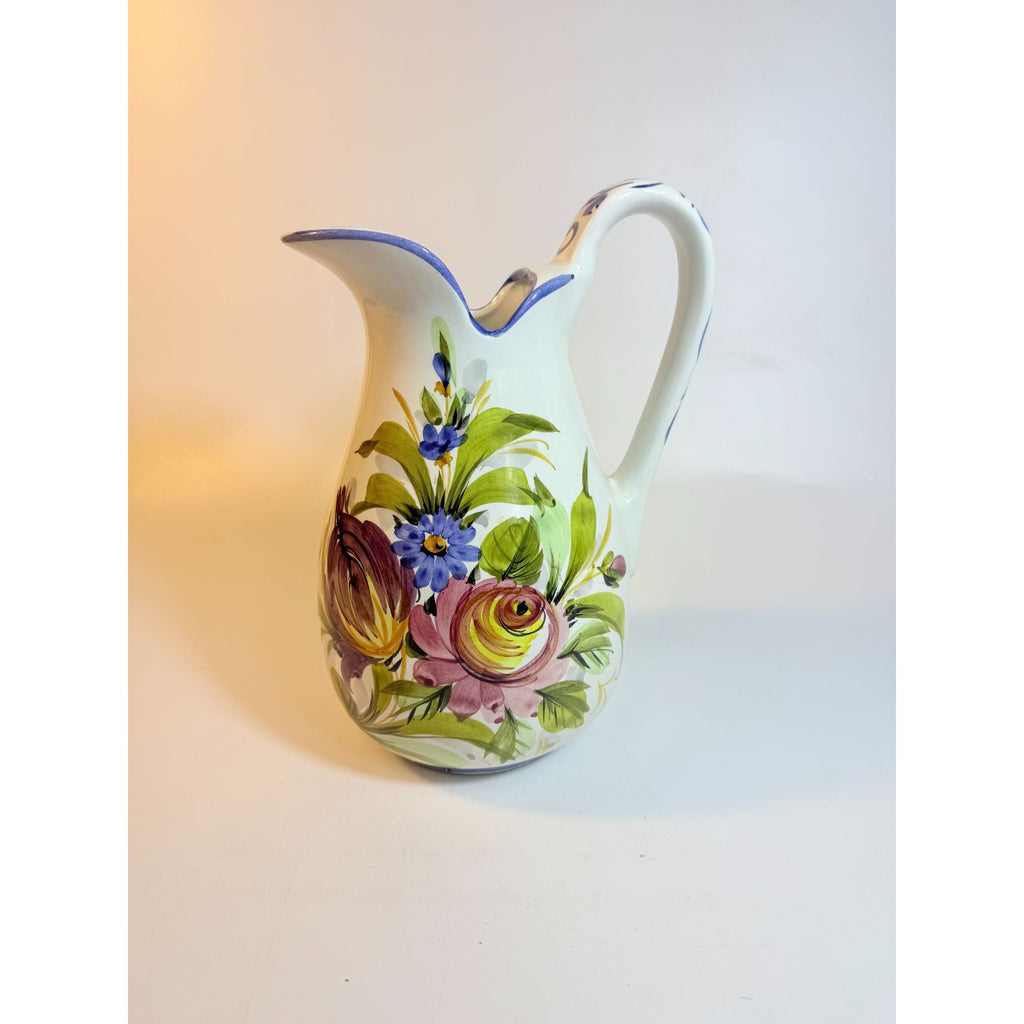 Art Pottery Jug Water Pitcher Large Italian Florentina Florentine Capodimente  Hand Painted Flowers Itay Floral Design Grand Millennial Vase