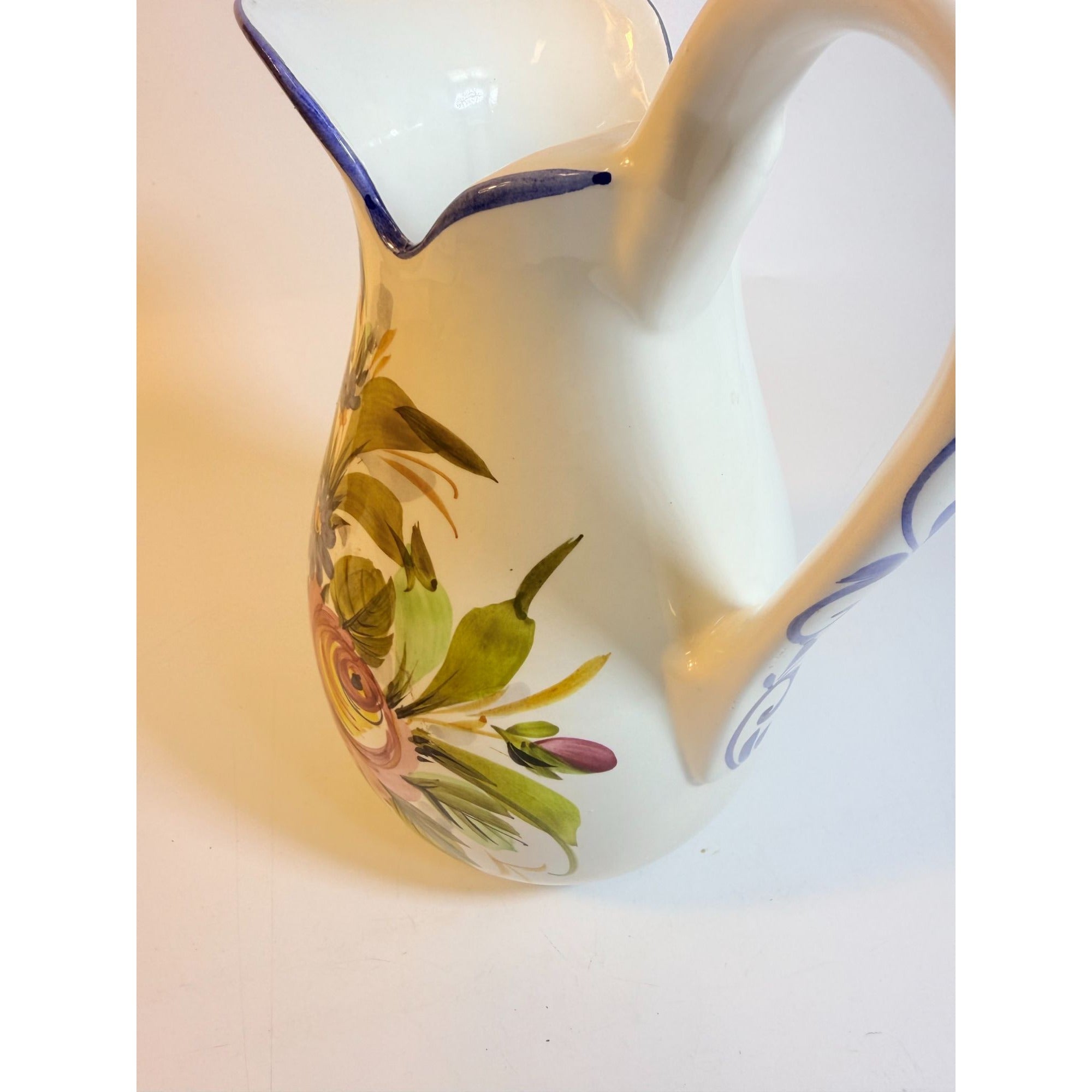 Art Pottery Jug Water Pitcher Large Italian Florentina Florentine Capodimente  Hand Painted Flowers Itay Floral Design Grand Millennial Vase