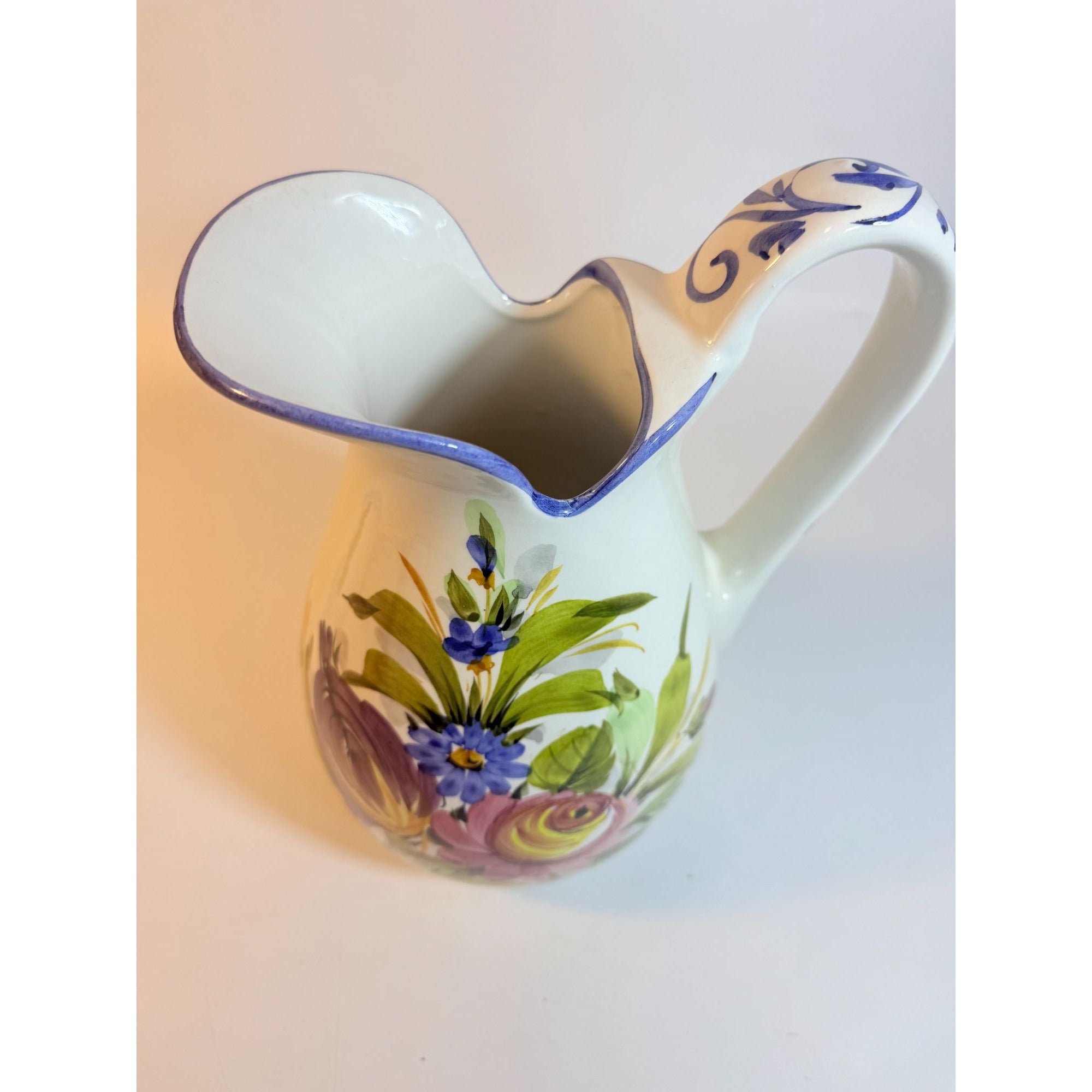 Art Pottery Jug Water Pitcher Large Italian Florentina Florentine Capodimente  Hand Painted Flowers Itay Floral Design Grand Millennial Vase