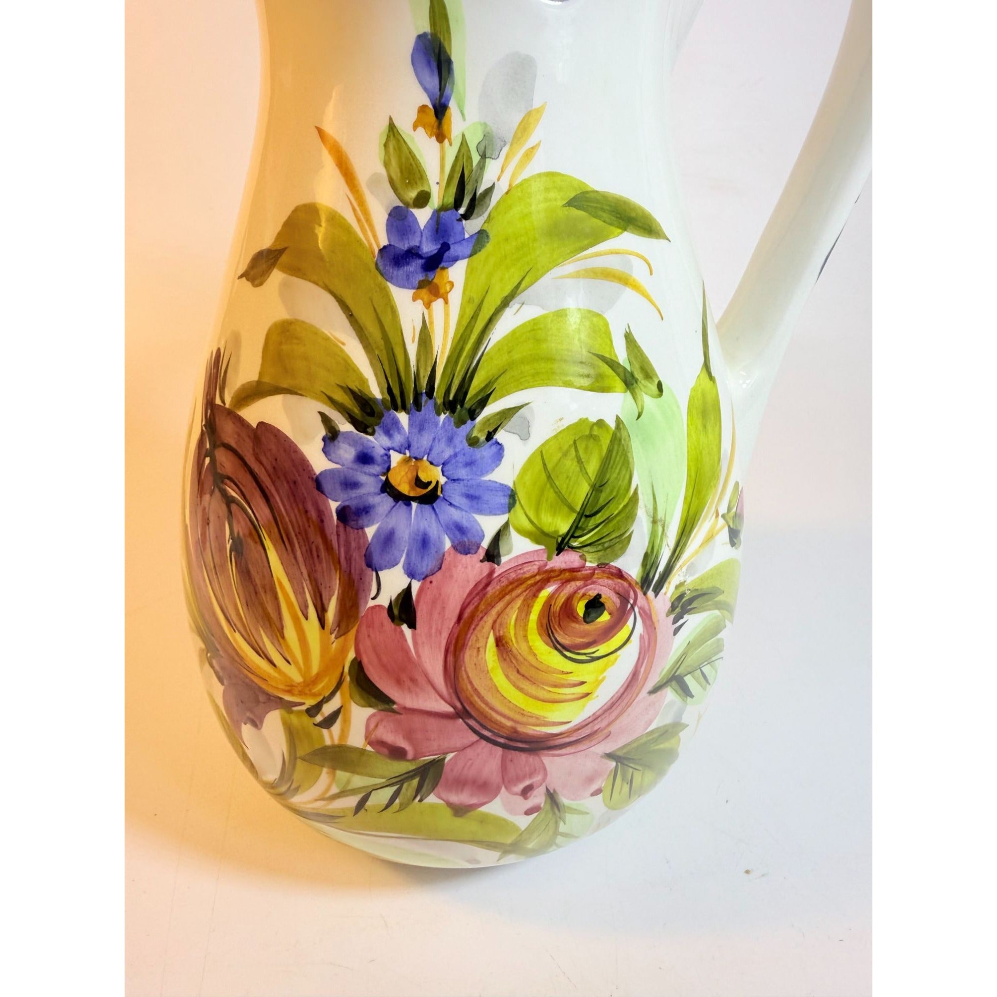 Art Pottery Jug Water Pitcher Large Italian Florentina Florentine Capodimente  Hand Painted Flowers Itay Floral Design Grand Millennial Vase